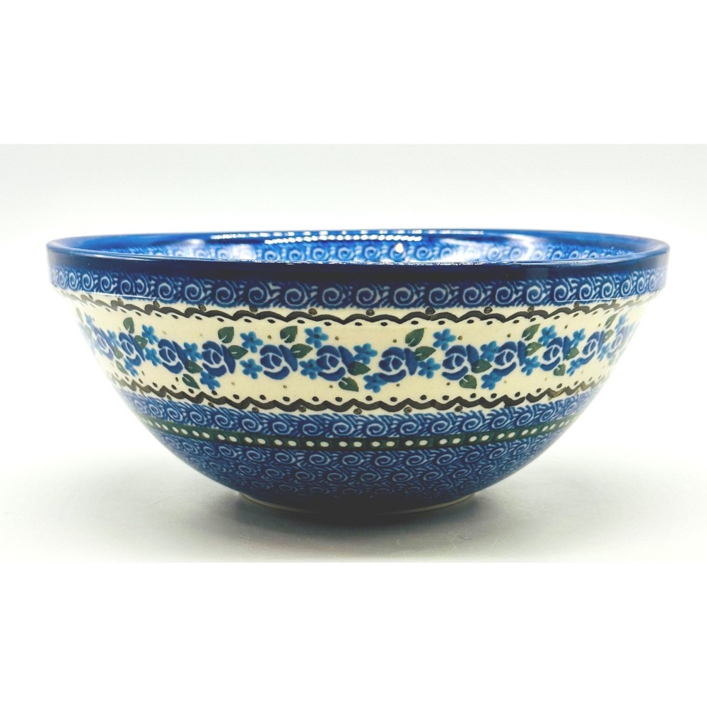 Boleslawiec Polish Pottery Large Serving Mixing Bowl Blue Floral Pattern 9 inch